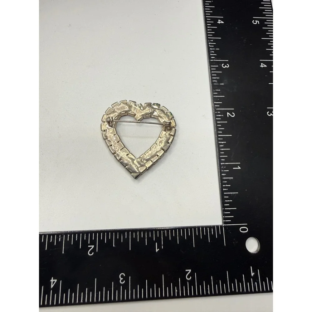 Vintage Clear Rhinestone Double Row Heart Brooch Silver Tone‎ Romantic Pin